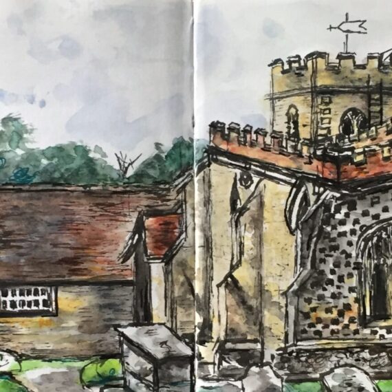Original watercolour and ink painting of St. Mary the Virgin Church at Ewelme, Oxfordshire