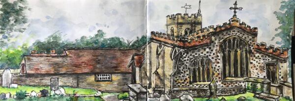 Original watercolour and ink painting of St. Mary the Virgin Church at Ewelme, Oxfordshire