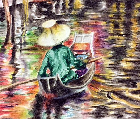 Original watercolour painting of Bangkok Floating Market