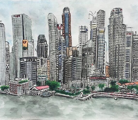 Watercolour and ink painting of Singapore Business District from the river