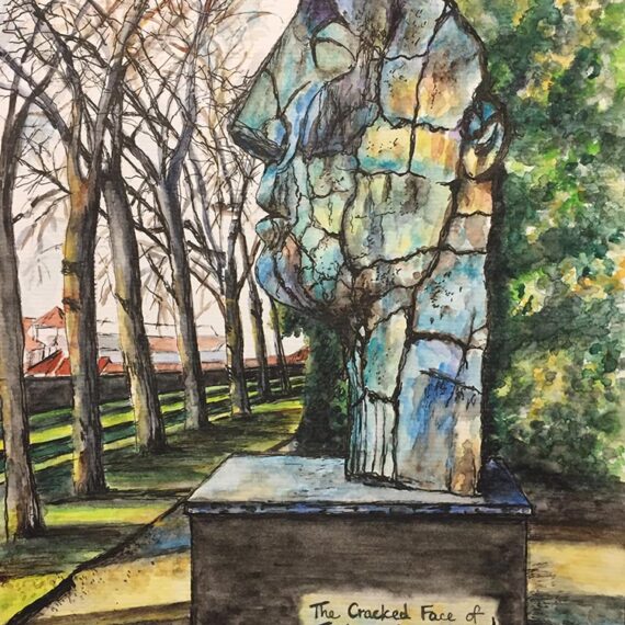 Watercolour and ink painting of Tyndareus the Giant Cracked Face Statue of Igor Mitoraj Tyndareus in the Boboli garden at Florence