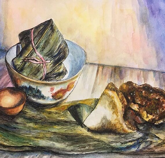 Watercolour and ink painting of Zongzi Rice Dumplings the traditional Dragon Boat Festival food