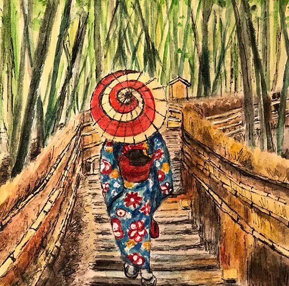 Watercolour and ink of a Geisha walking across a bridge in Bamboo Forest, Japan