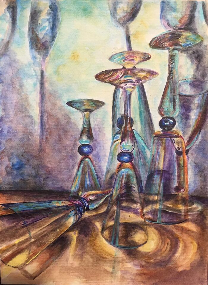 Watercolour of glasses and their abstract reflections
