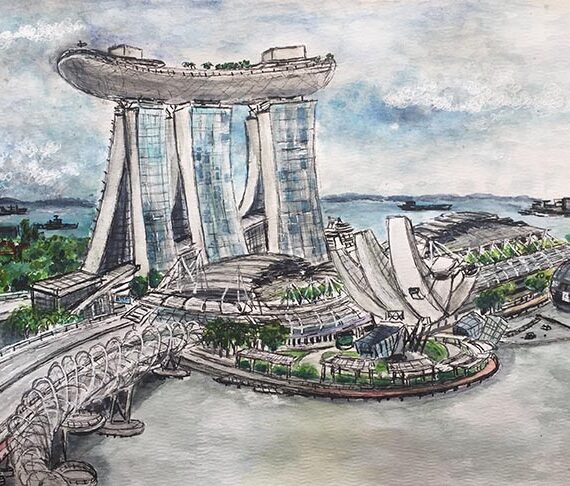 Watercolour of Marina Bay Sands from the Ritz Carlton