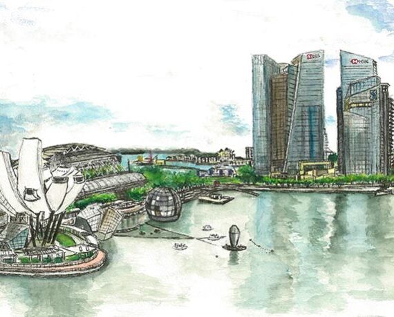 Watercolour painting of Singapore skyline view from my room in the Ritz Hotel